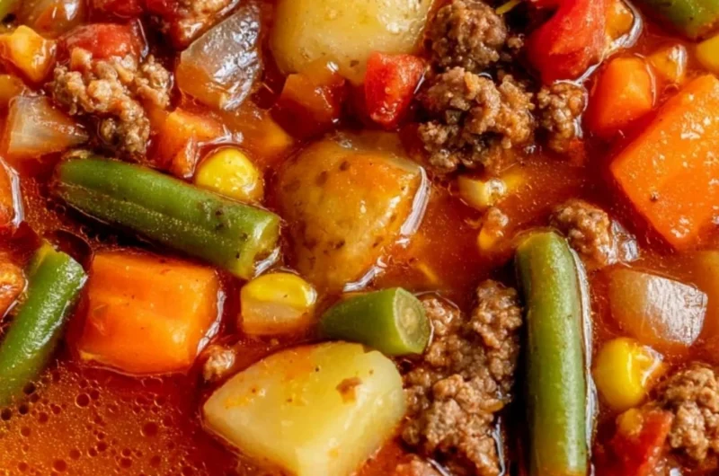 A bowl of hearty Vegetable Beef Soup with colorful vegetables and tender beef.