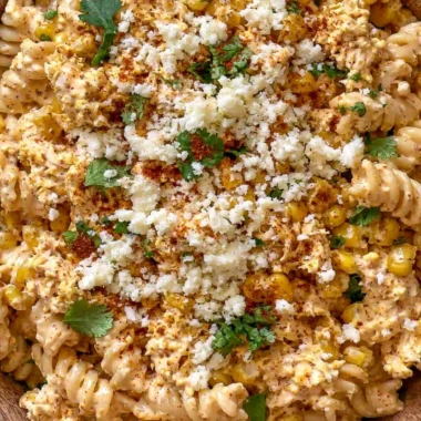 Zesty Mexican street corn chicken pasta salad with colorful ingredients