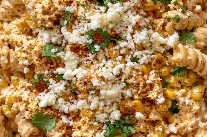 Zesty Mexican street corn chicken pasta salad with colorful ingredients
