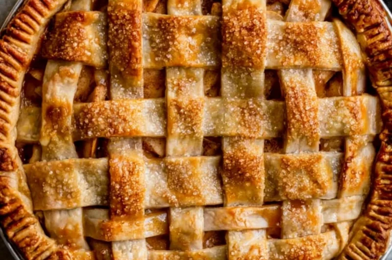 Homemade caramel apple pie with a flaky crust and drizzled caramel