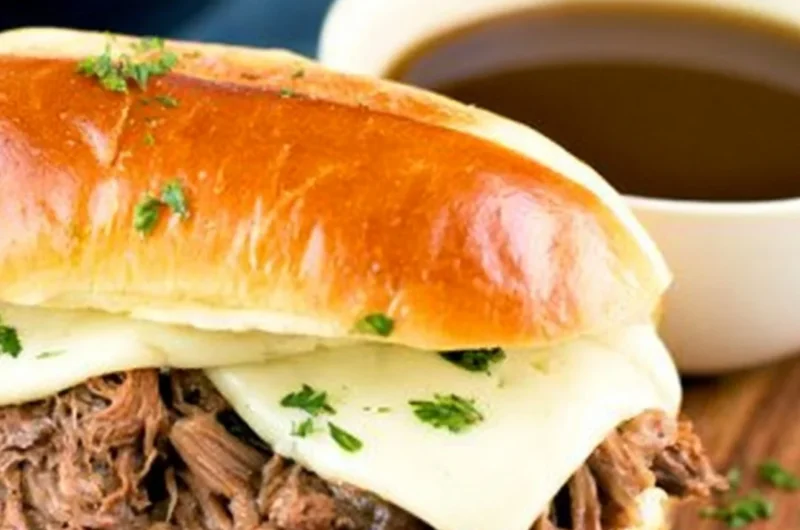 Comforting bowl of Instant Pot French Dip with dipping sauce