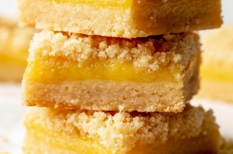 Cozy lemon curd bars on a white plate, garnished with lemon zest.