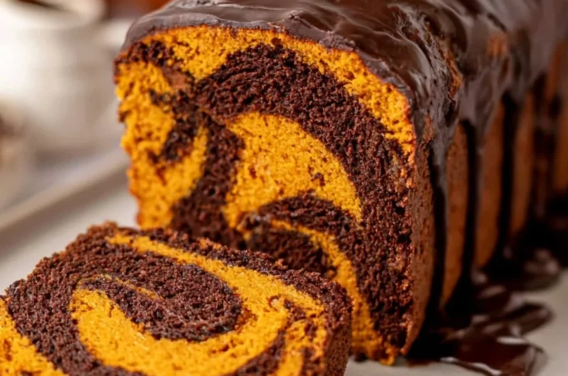 Cozy vegan pumpkin marble cake with swirls of chocolate and autumn spices