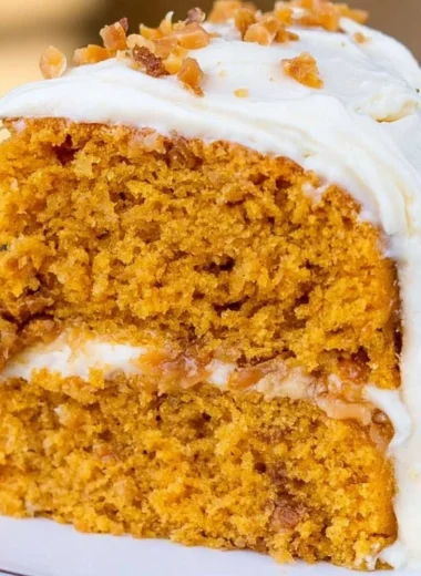 Pumpkin Toffee Crunch Cake with Cinnamon Cream Cheese Buttercream decoration
