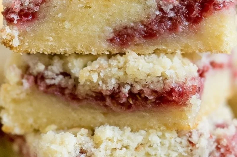 Delicious raspberry almond crumb bars with a golden crumb topping